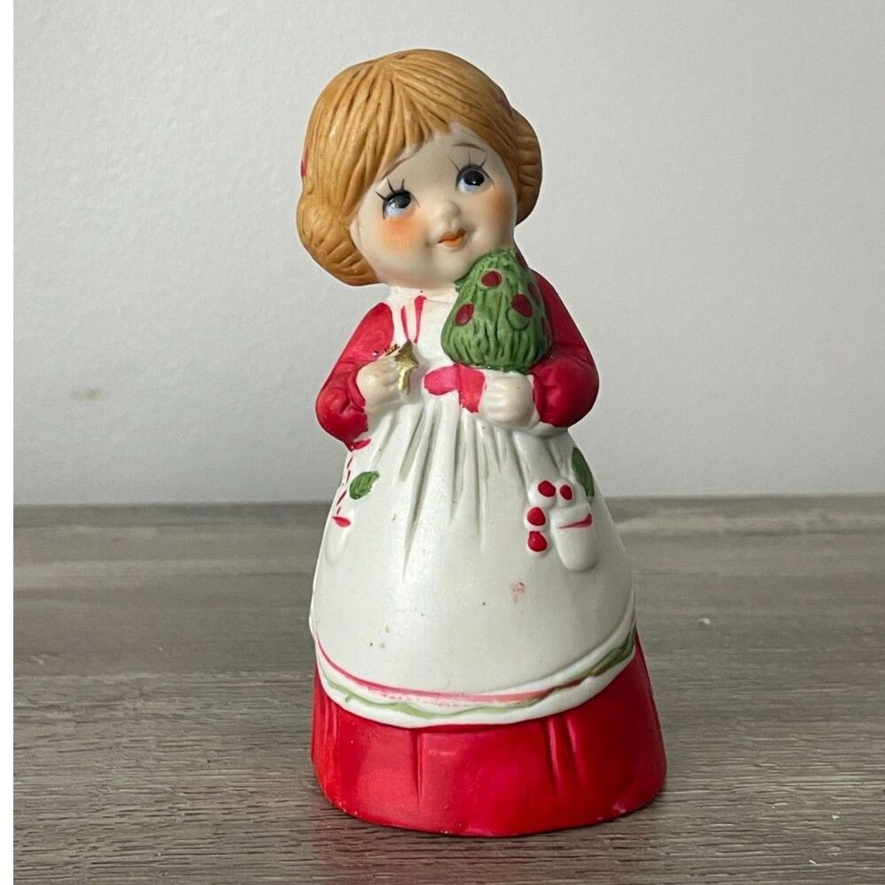 Vintage JASCO Christmas Girl Bell 4.5” Ceramic Taiwan Holiday Figurine 1970s